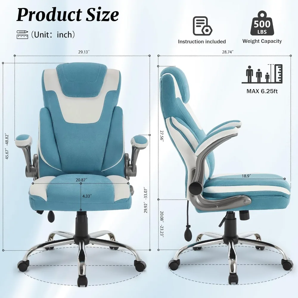 كرسي مكتب من القماش الكبير والطويل بوزن 500 رطل مع دعم قطني قابل للتعديل، مقعد عريض جدًا لكرسي المكتب التنفيذي شديد التحمل، Bre