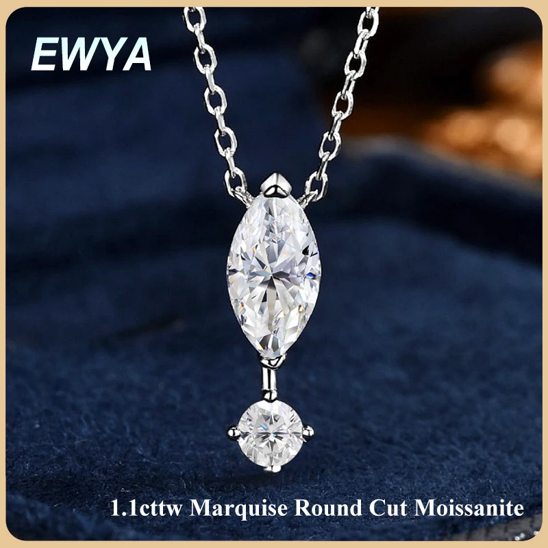 EWYA 1.1cttw Marquise Round Cut Moissanite Pendant Necklace Women Lab Diamond s925 Silver Dainty Stacking Party Neck Chain Gift