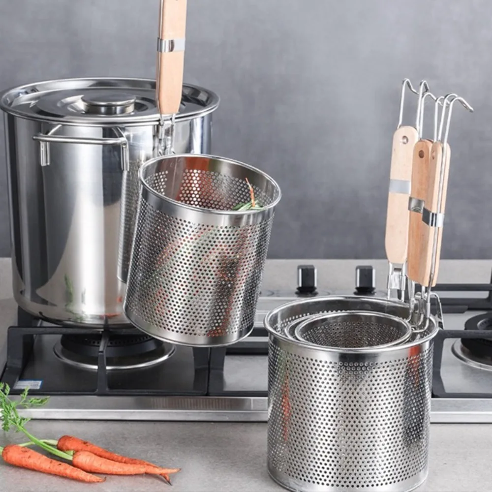 Cesta coladora de acero inoxidable engrosado con mango de madera para pasta, verduras, fideos y freír, con colador de malla y cuchara