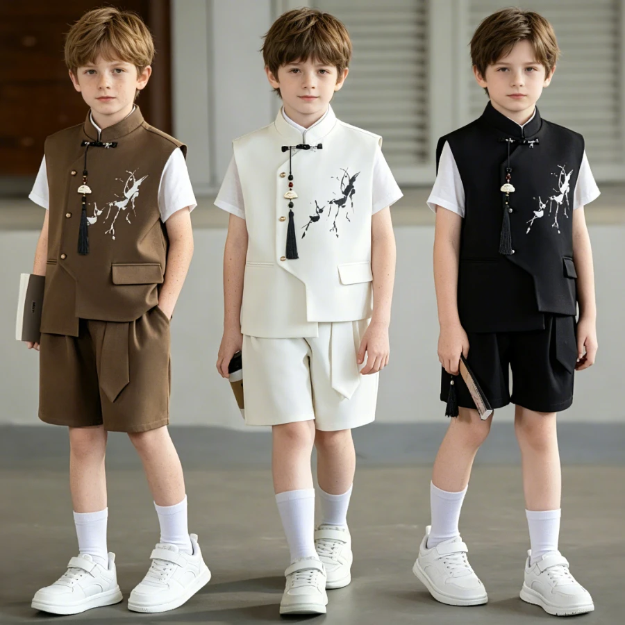 Teen Boys Chinese Style Crane Print Vest & Shorts Set Kids Tang Suit for Spring Festival Birthday Party Performance Costume 10 Y