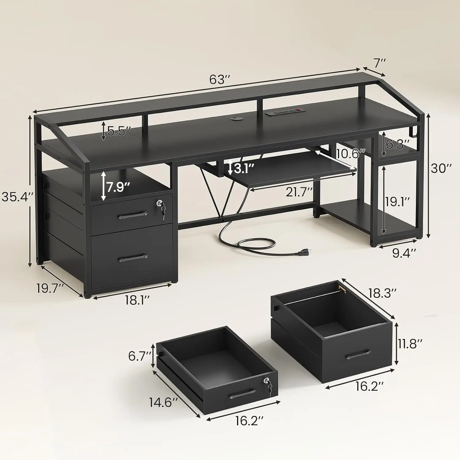 Gaming Office Desk With Lockable Drawers For Letter Legal Files LED Lighting Power Socket Modern Home Office Work Table