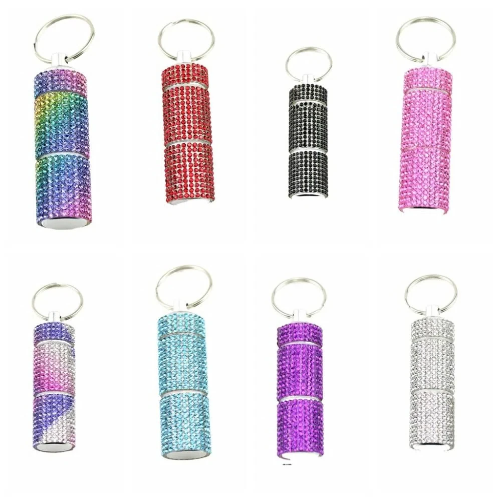 Bling Rhinestone Shiny Pill Case Keychain Mini Portable Cute Pill Storage Box Key Ring Waterproof Organizer Bottle Pendant Women - view 3