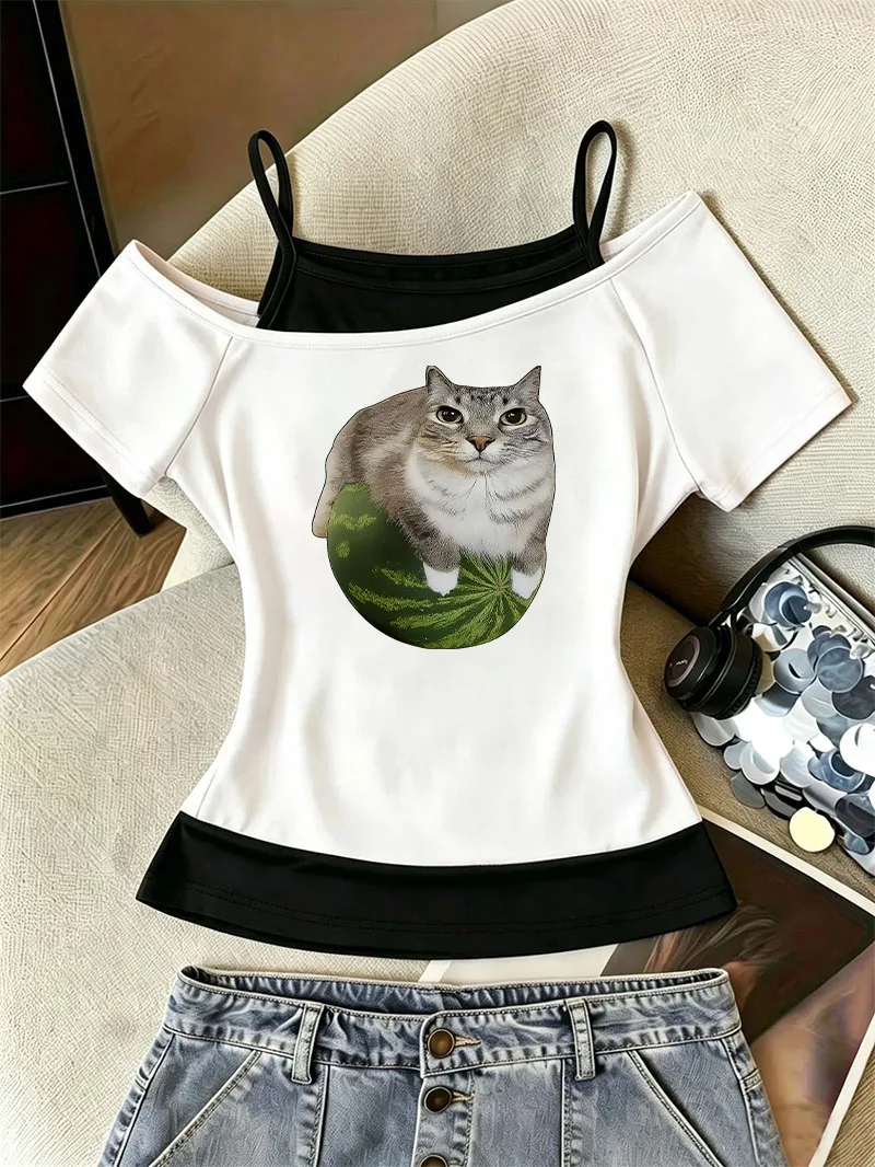 T Shirt Women Fashion T-Shirt Funny Watermelon Cat Meme 90s Trendy Cat Print 2000s Graphic Chic Girls T Shirt Y2k Tops Tee