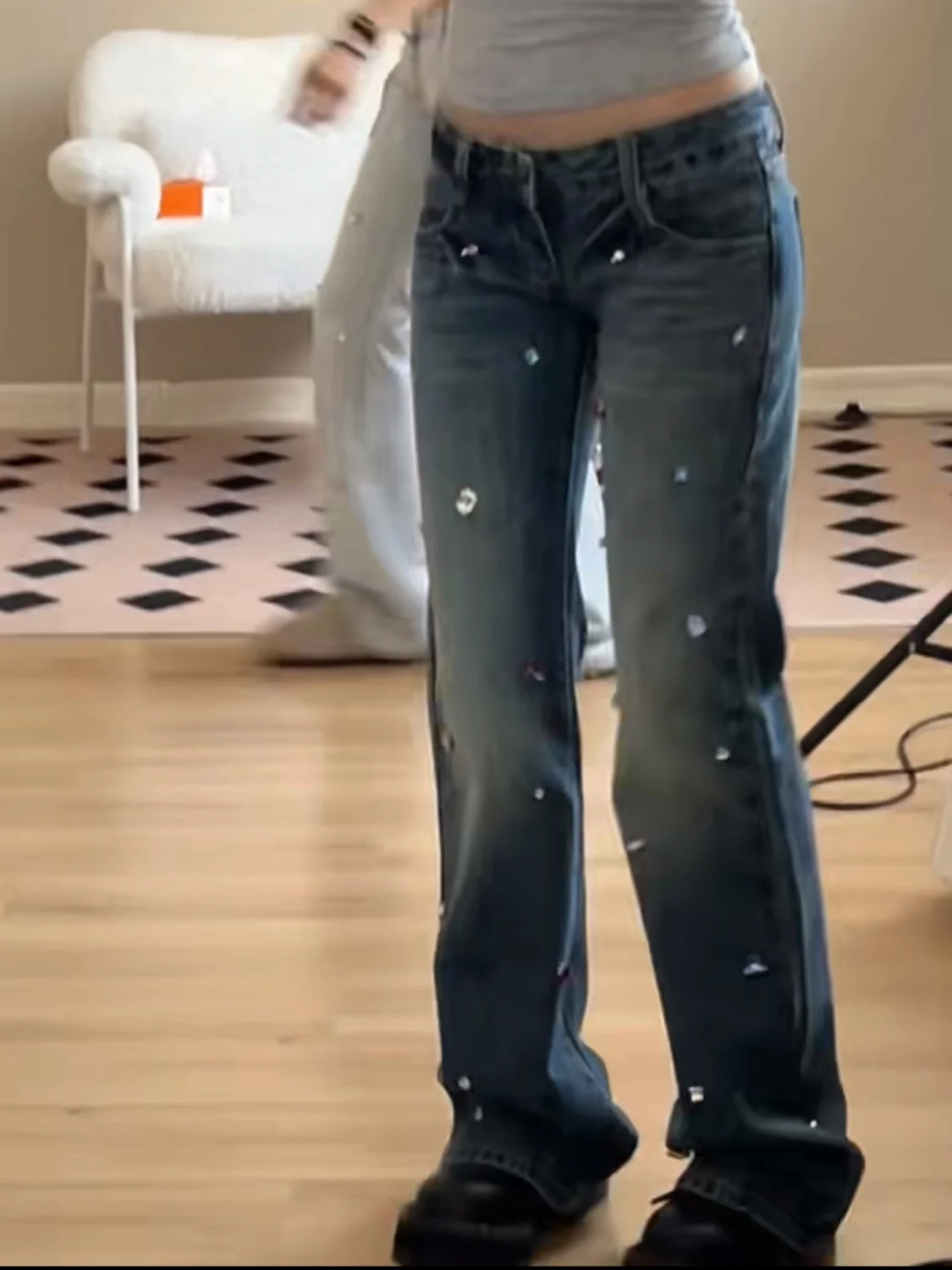 

Vintage Low Waist Flared Jeans Women's Summer Slim Fit Rhinestone Straight Leg Pants