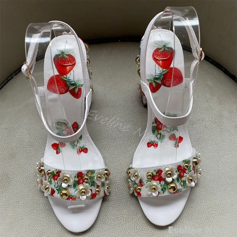 Rhinestone Flowers One Word Belt Sandals Women Round Toe Chunky Heel Strawberry Print Sandals 2025 Summer New Ankle Strap Sandal