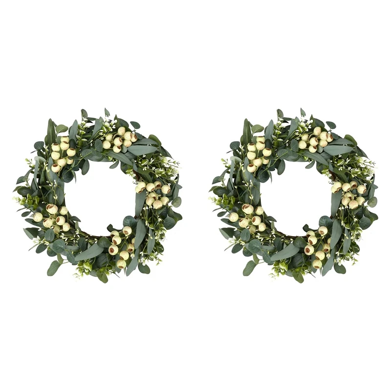 

2X 20 Inch Wreaths For Front Door, Green Eucalyptus Wreath For Spring Wreaths For Front Door, Wreath With Wildflowers