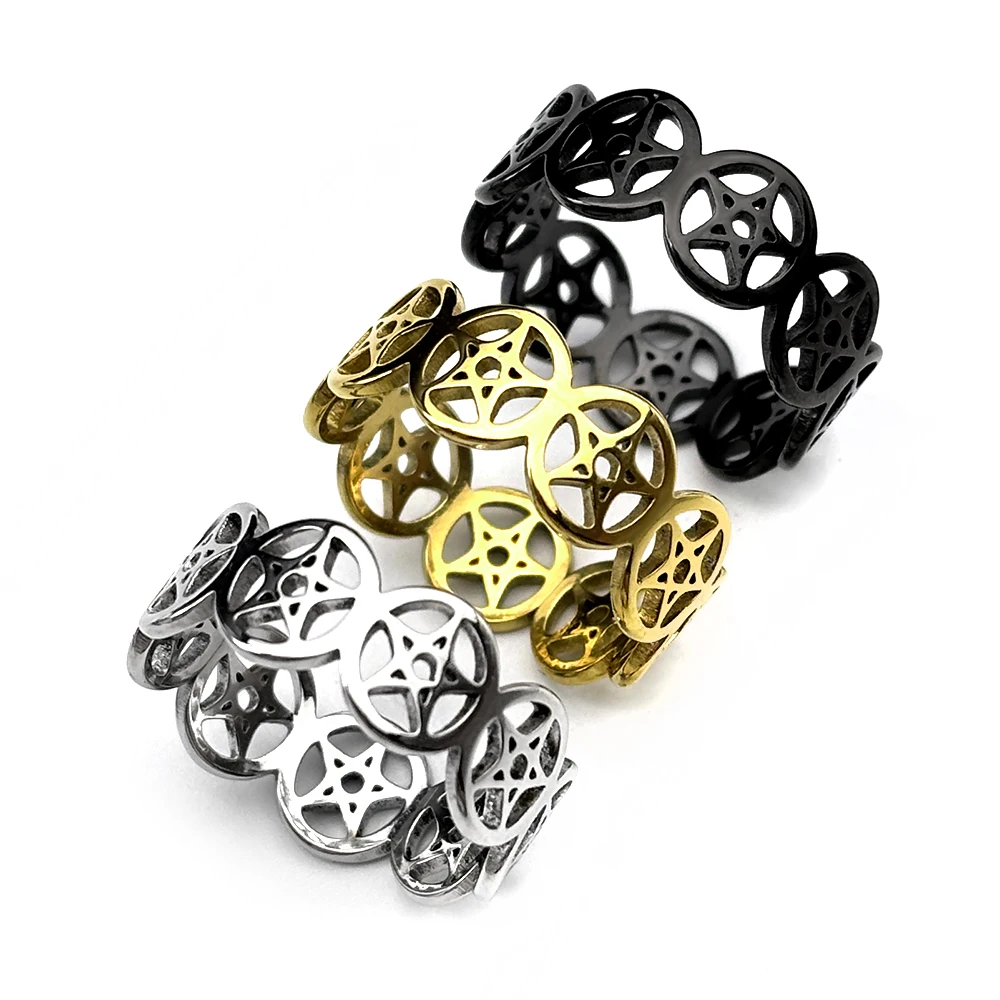 Gothic Witch Hollow Pentagram Finger Ring for Men Women Stainless Steel Pagan Divination Star Rings Punk Hip Hop Jewelry Gifts