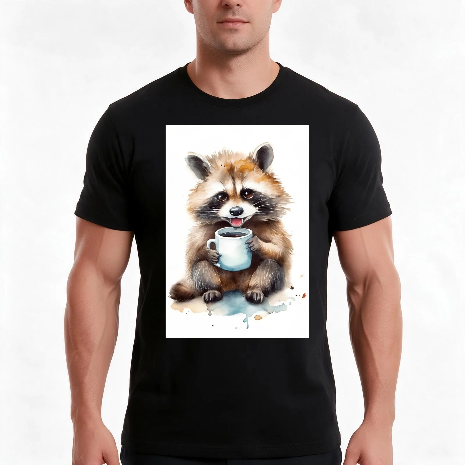 Racoon drinking coffee T-Shirt, Summer Casual Cotton Tee, Oversized Streetwear Tops, Vintage Graphic Print, Unisex Men Women