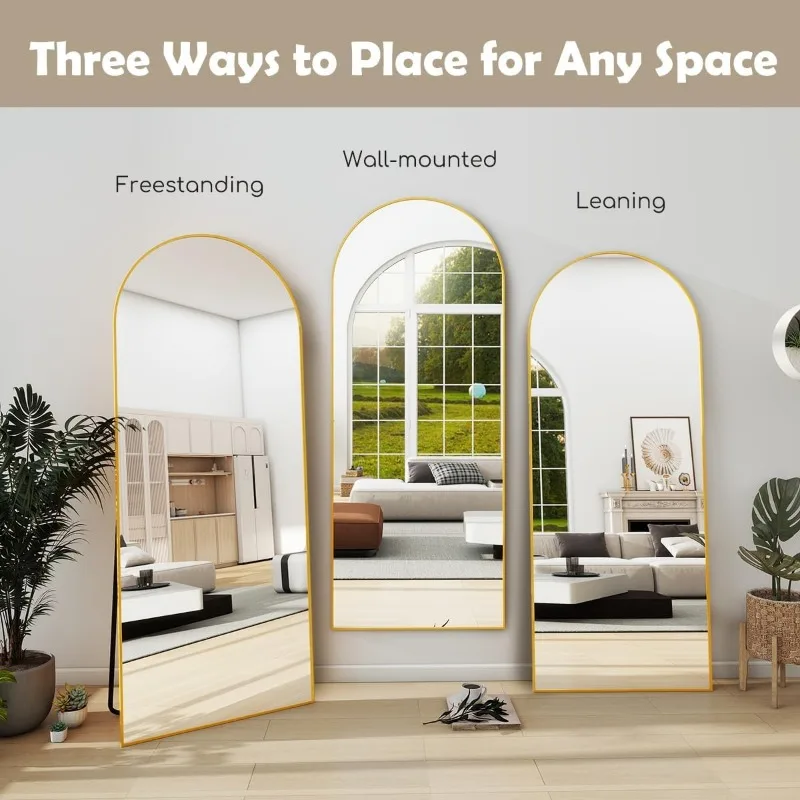 Arched Full Length Mirror, 64" x 21" Free Standing Floor Mirror, Modern Full Body Mirror with Stand, Wall Mirror with Aluminum