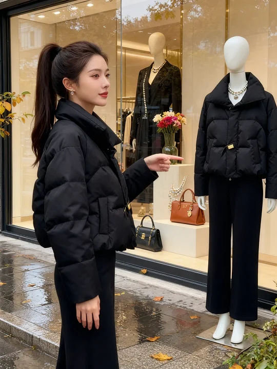 

Slimming ort Cotton Jaet Women's Bla Flip Collar Casual Loose Fit Winter Faion Korean Sle Straight Tube ape