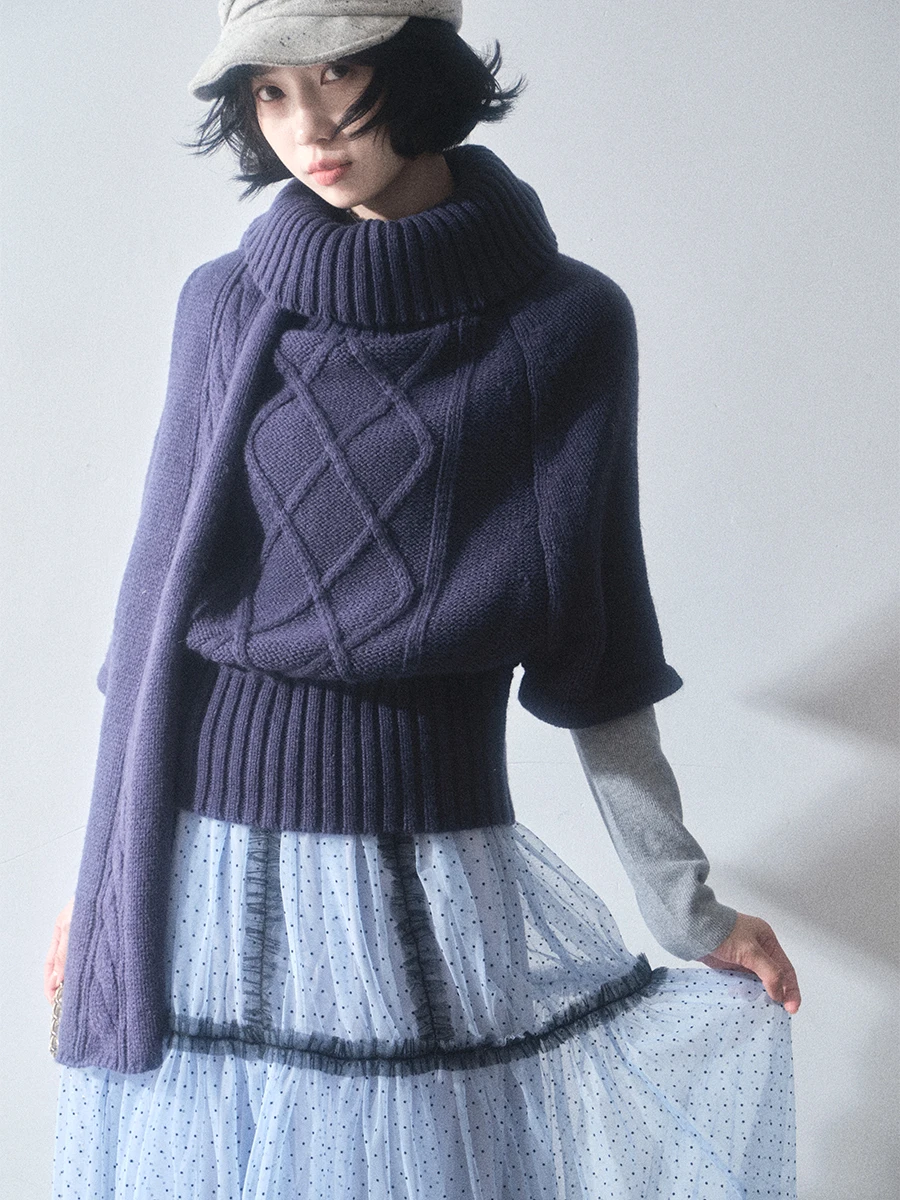 

Liparpa Vintage Letter Sweater High Collar Seven Sve Diamond Patterned All-In-One Wool Blend Warm Commute Sle Women's Kn...