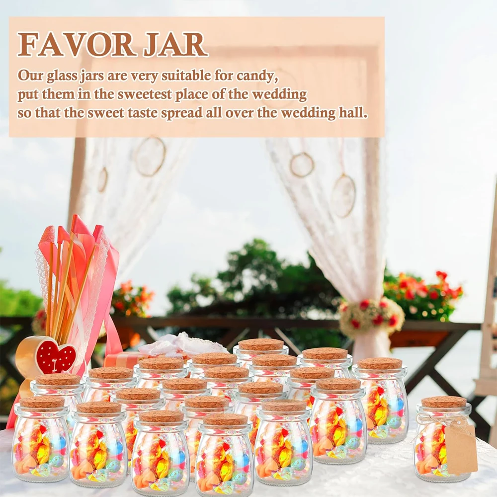 برطمانات زجاجية مع غطاء من الفلين 3.4 أونصة زجاجات زجاجية صغيرة مع ملصقات حاويات حلوى خيوط لحفلات الزفاف والبودنغ