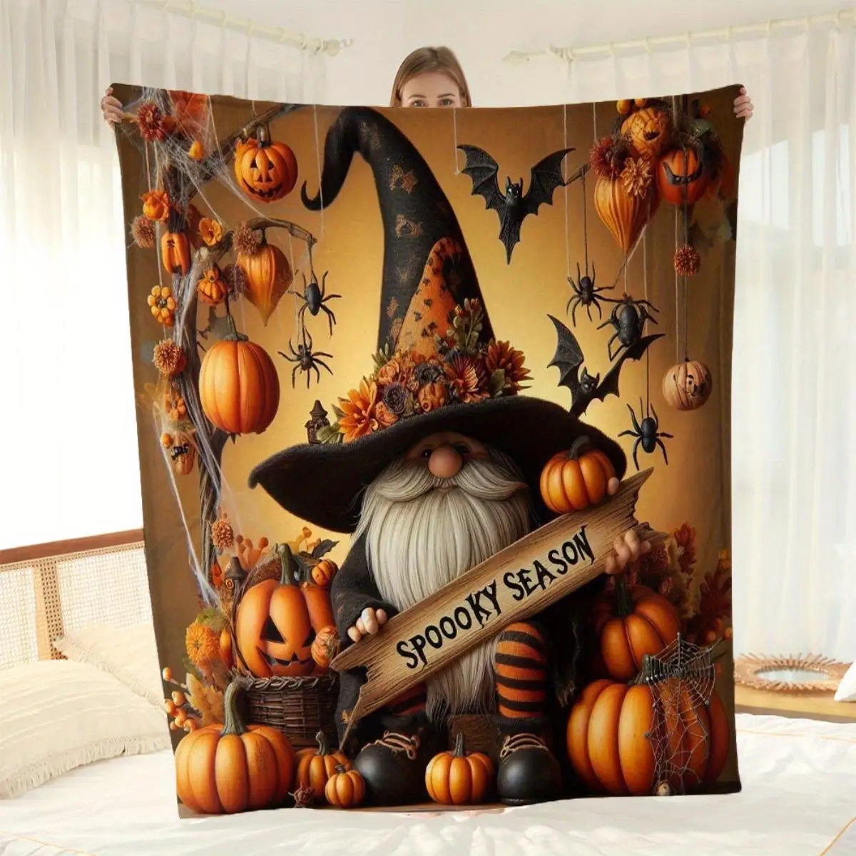 

«Одеяло гнома Spooky Season с тыквой и летучими мышцами», мягкий флис для декора Хэллоуина, праздничный подарок для семьи и друзей»