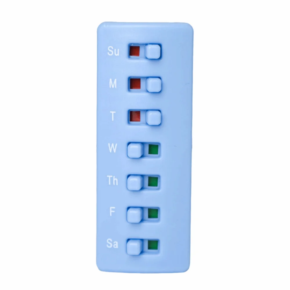 Rastreador de pastillas reutilizable con parte trasera curva, indicadores codificados por colores, diseño antideslizante, recordatorio de pastillas, portátil, apto para personas mayores