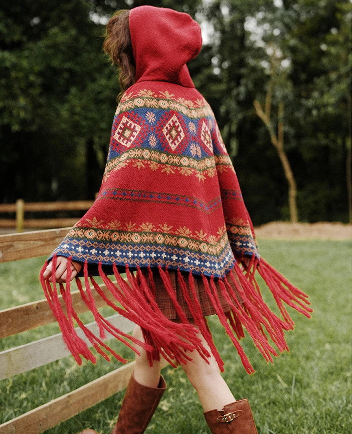 Ethnic Pattern Knitted jacquard  Autumn Winter Warm Capes Poncho Women Jacket Vintage Fringe Red Tassel Hooded Cape Sweater Coat