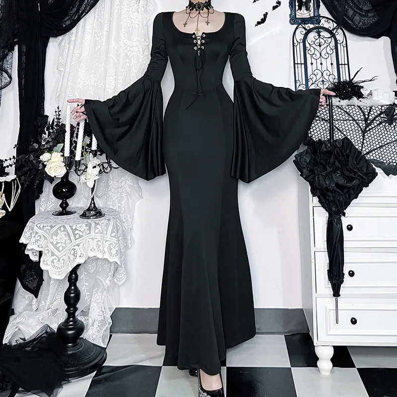 2025年ニューレトロハイウエストフレアスリーブレースカットアウトゴシックドレスY2Kハロウィンストリートパーティー美的クラブウェアマキシロングドレス