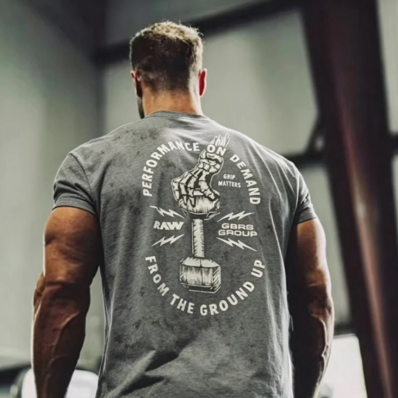 2026 Retro Fitness Back Print T-Shirt - Skull Hand-Holding Dumbbell Fitness Training Pattern Round Neck Short Sleeve Unisex