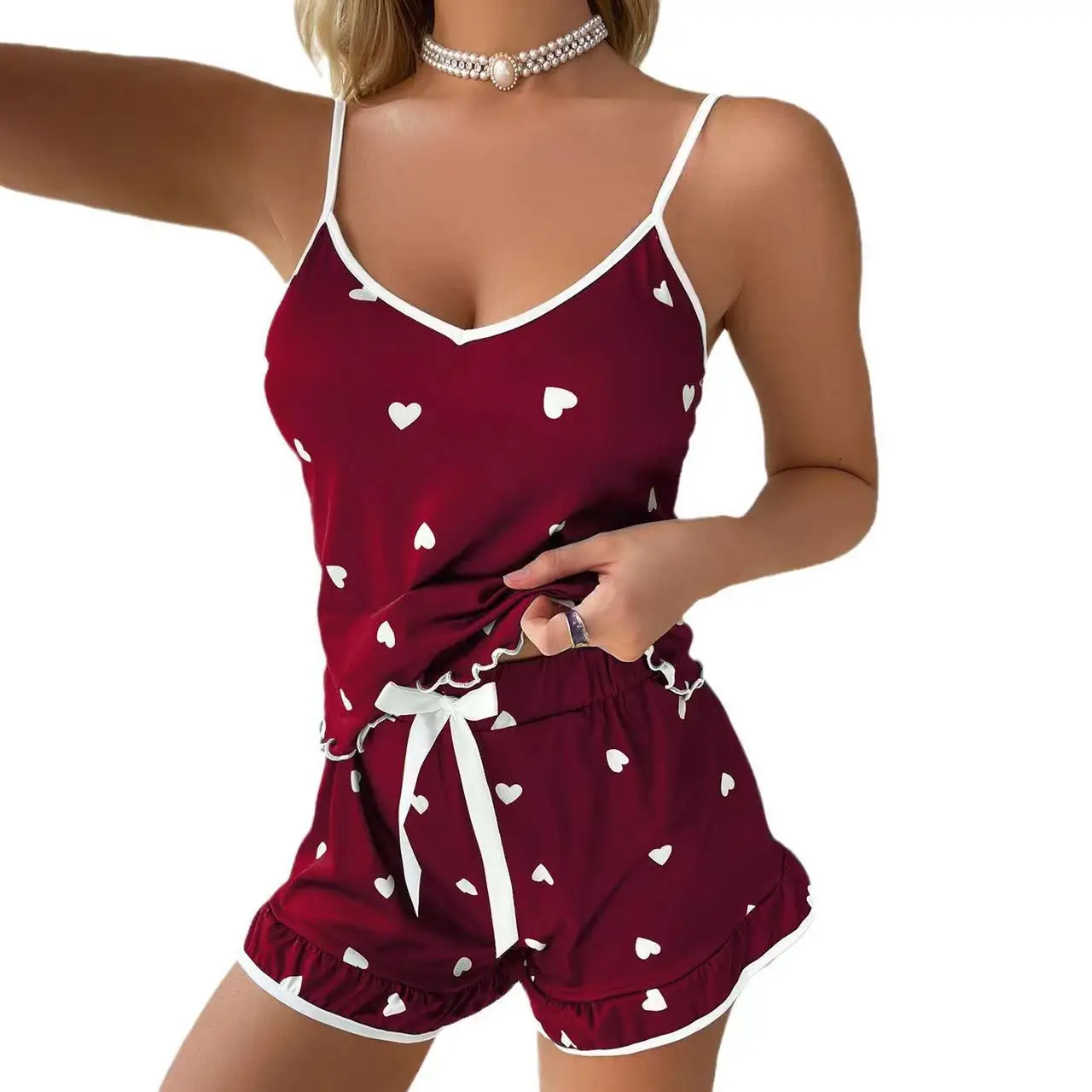 Europäischer und amerikanischer Außenhandel Frauen milch Seide Sommer Hosenträger Lounge wear Set, weiches Tuch und niedlich bedrucktes Pyjama Set