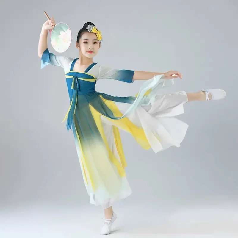 النمط الصيني Hanfu الأطفال الكلاسيكية يانغكو أزياء رقص مظلة مروحة الرقص أداء الملابس ملابس الرقص الوطنية القديمة