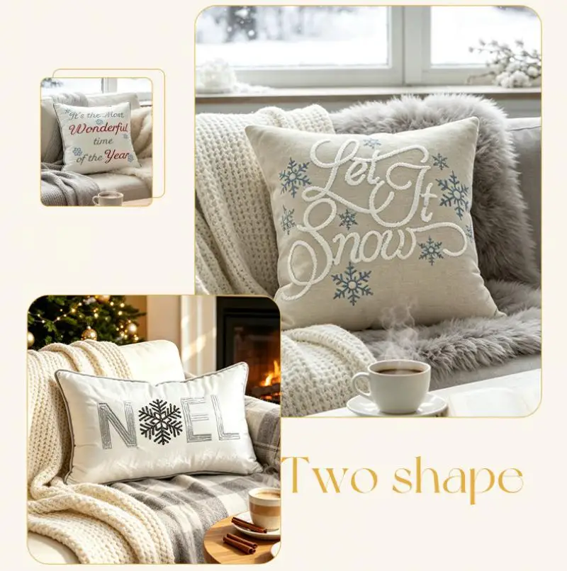 Weihnachts-Samt-Kissenbezug mit Buchstaben-Stickerei, Sofakissenbezug für Wohnzimmer, Weihnachts-Schneeflocken-Kissenbezüge – Detail 7