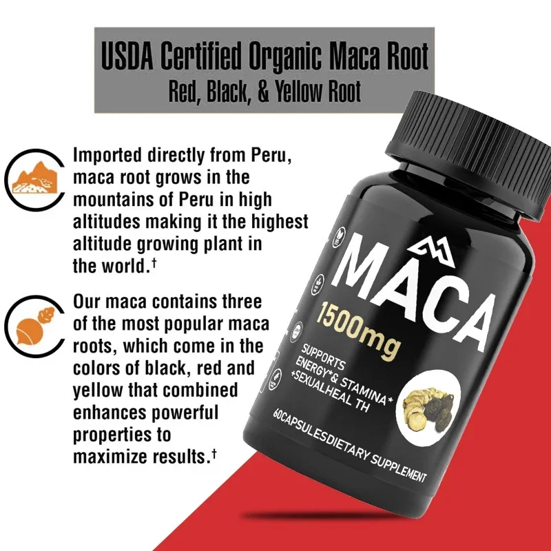 

Macagen capsules can maximize vitality and performance, containing 1500mg of Black Maca, Red Maca, and Yellow Maca powders