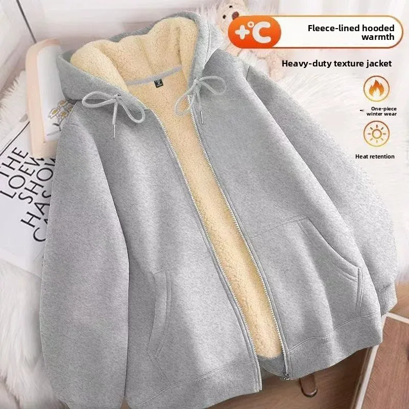 Ladies Fleece Lined Oversized Hooded Cardigan Thickened Autumn Winter Warm Casual Style Outerwear Zipper Design Polyester Fabric