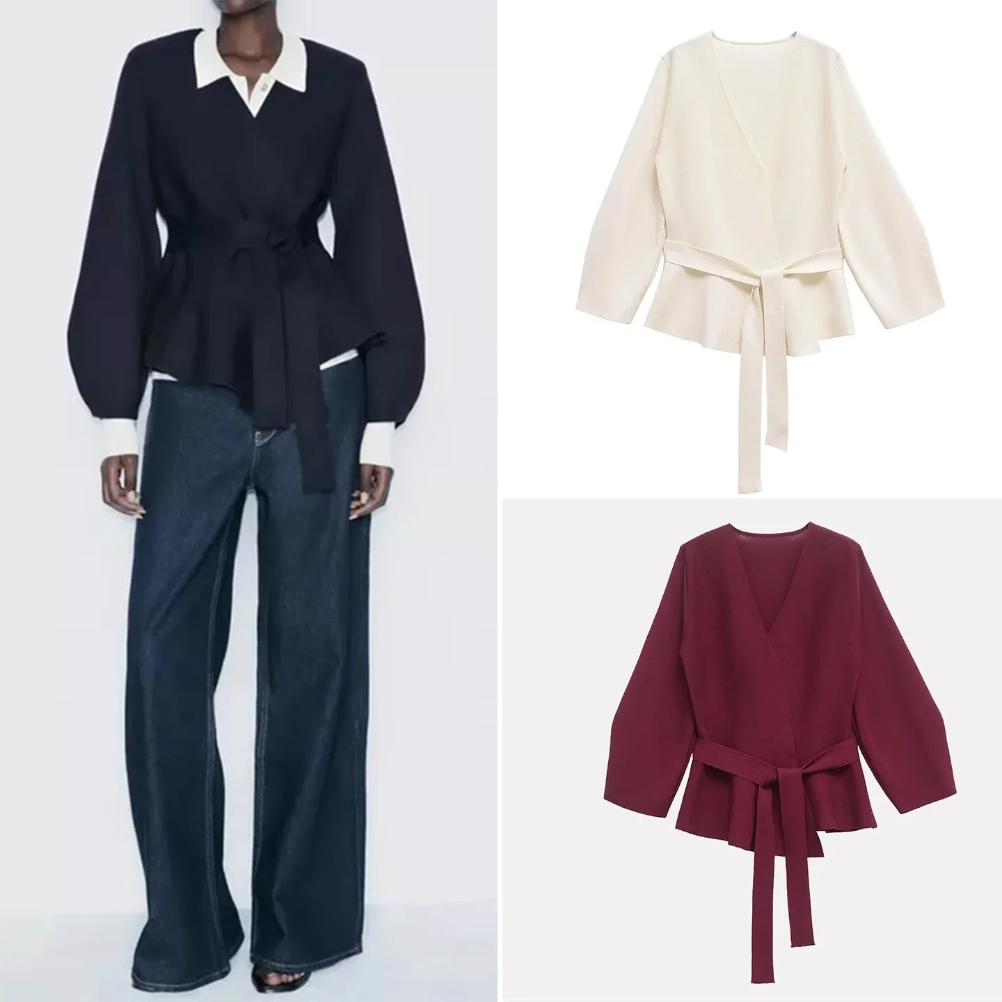 

PRINTKAOIR, весенне-осеннее женское вязаное пиджак с подплечниками и поясом, женское универсальное женское пальто в стиле ретро с v-образным вырезом и длинными рукавами, женская одежда