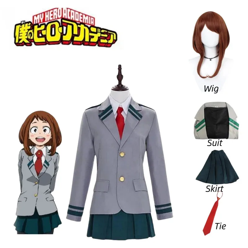 Disfraz de My Hero Academia Anime Uraraka Ochako, conjunto de uniforme escolar, traje con peluca, juego de rol de Halloween
