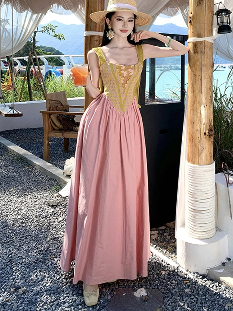 Robe de soirée trapèze rose pour femmes, élégante, couleur contrastée, couture, style Boho, Sexy, écharpe, plage, vacances