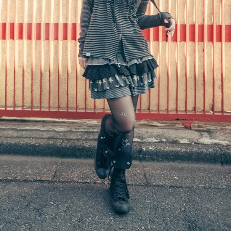 2026 Vintage Spice Girl Multi-layer Splicing Skirt Striped Camouflage Star Drawstring High Waist Skirt