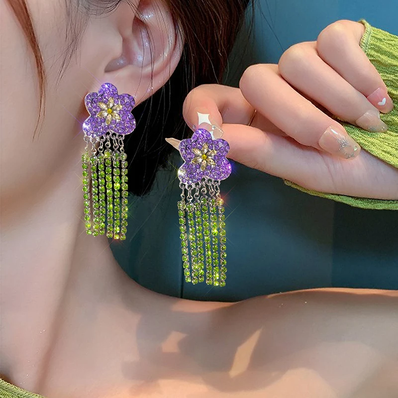 Tassel Pearl Flower Purple Crystal Drop Earrings For Women Luxury Elegant Geometric Bowknot Earrings Ms Wedding Jewelry