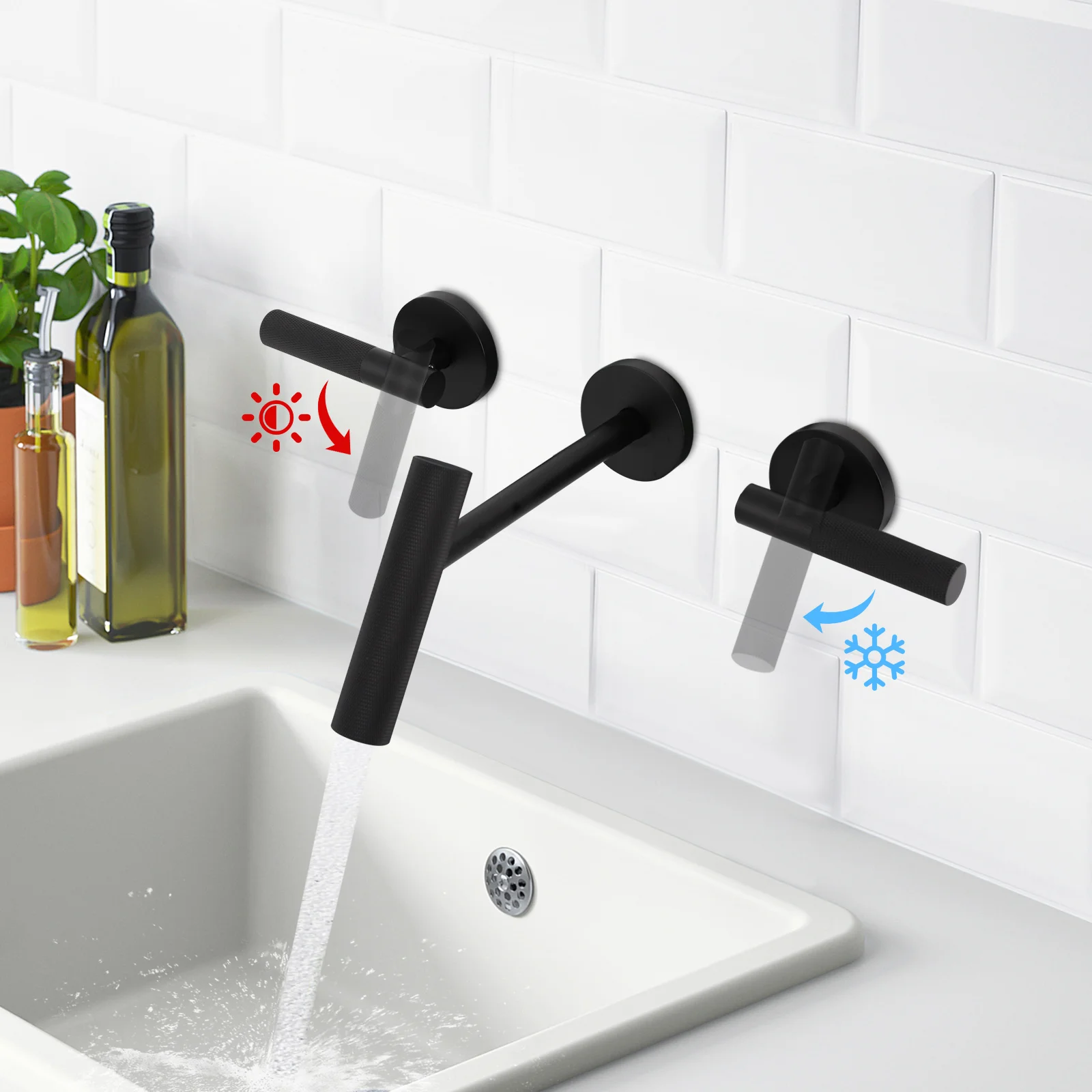 Wall Mount Bathroom Faucet Black 3-Hole Wall Faucet with Seal O-Rings Bathroom Faucet with 2 Handles for Homes/Bathrooms/Hotels/Schools/Dormitories/Apartments/Laundry Rooms/Bathhouses