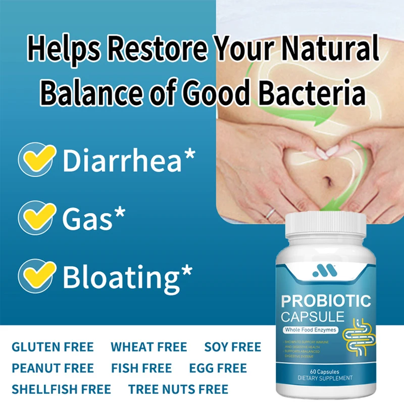 Mix 60 capsules of eight probiotics to restore the balance of beneficial bacteria, relieve diarrhea and bloating