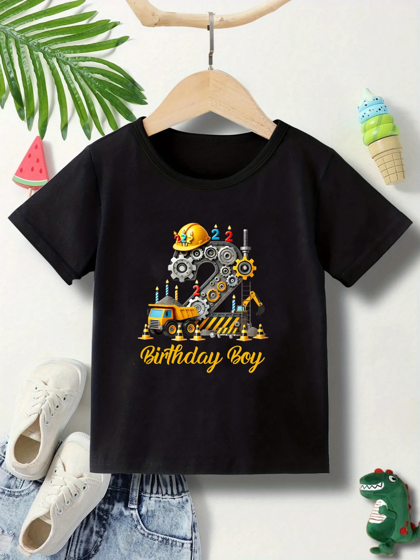 Funny Cartoon Prints of Trains, Airplanes, and Trucks Printed Patterns Kids 2-5nd Birthday party Gift Clothing Summer Tshirt Top