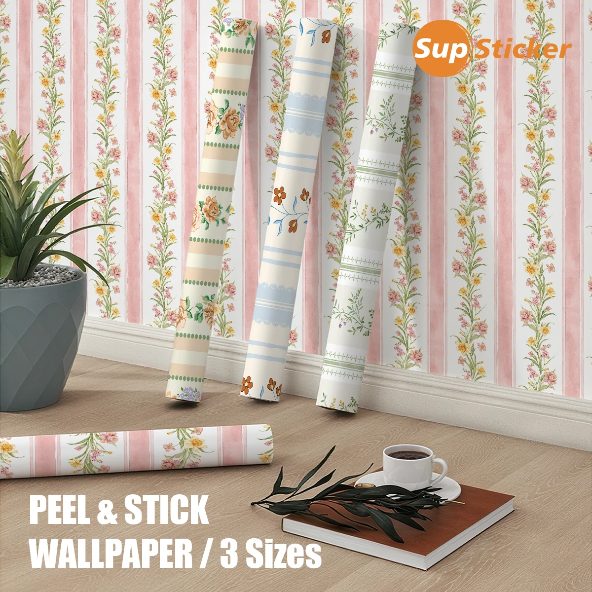 Peel and Stick Floral Striped Wallpaper, Self - Adhesive Removable Wall Decor for Living Room, Bedroom, Multiple Sizes Available