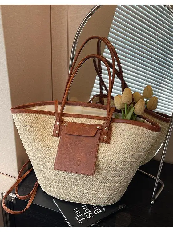

Summer Large Capaci St Woven Tote Bag Women's Vaion oulder Bag Faionable Commuting Artistic Sle Pure Color