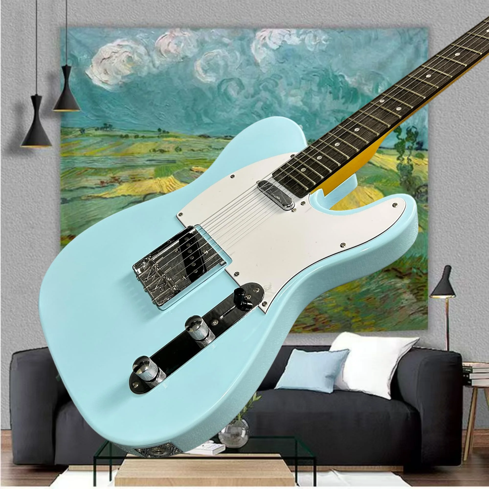 Light Green TLE Electric Guitar Peach Blossom Xylophone Neck White Silk Single Coil Configuration 22 Tone Free Delivery