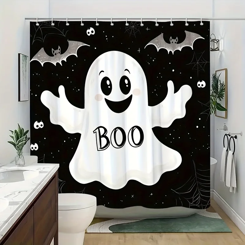 1pc Funny Halloween Shower Curtain with Smiling Ghosts and Bats - Starry Night Design, Includes 12 Hooks, Machine Washable, Poly