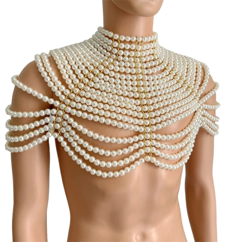 Weiße Perlenkette Mehrschichtige Körperkette Vintage Exotischer Perlen-Schal-Top Hochgeschlossenes Hochzeitsparty Y2K Crop Top Übergroßes T-Shirt – Detail 2