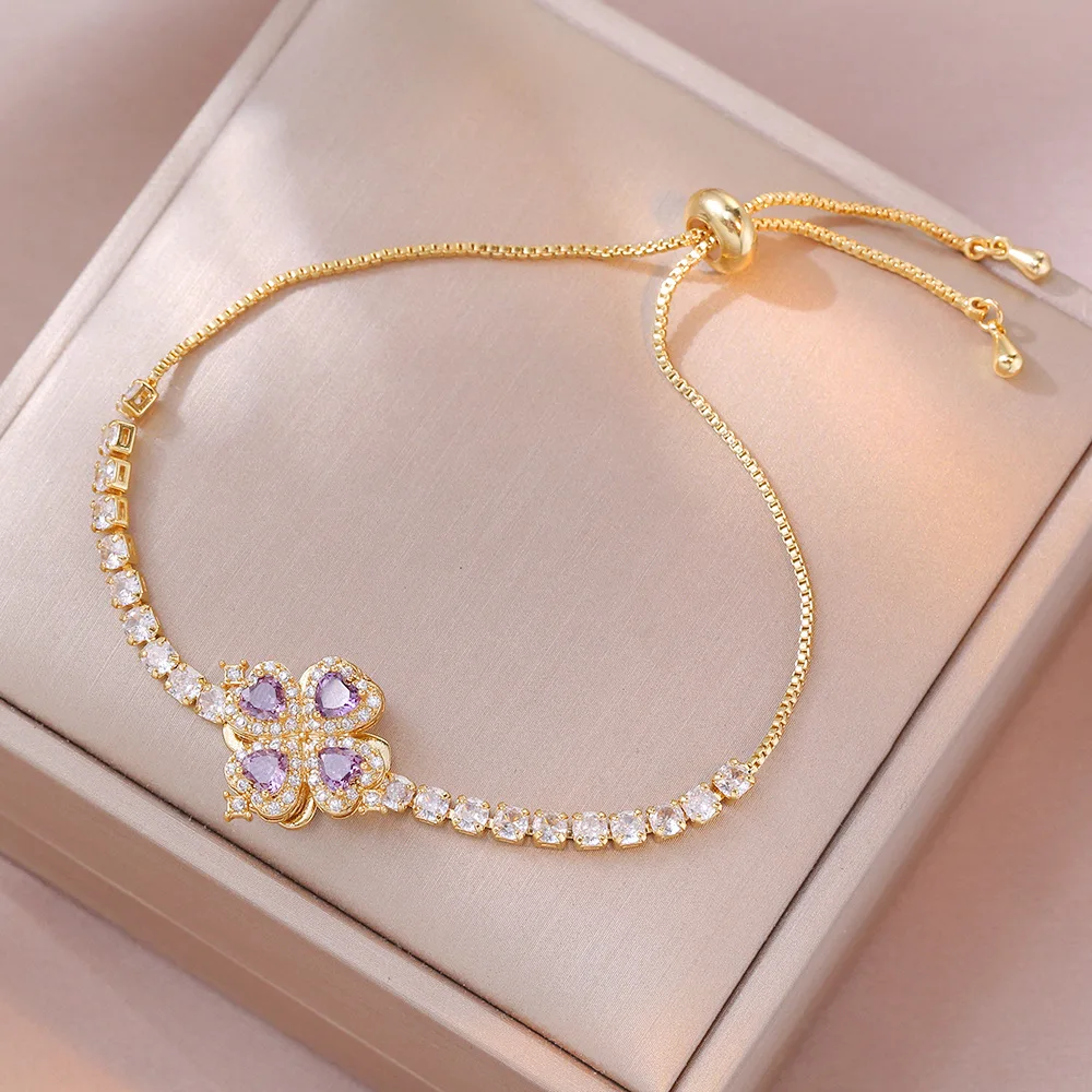 Sweet Rotating Flower Purple Zircon Pendant Necklace Ring Set for Women Girls Stainless Steel Chain Party Accessories Jewelry
