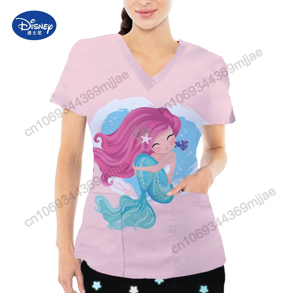 

V-neck Woman Clothing Nurse Uniform Tshirt Disney Korean Fashion Woman Blouse 2023 Pocket Women's -shir T Shirt for Women Yk2