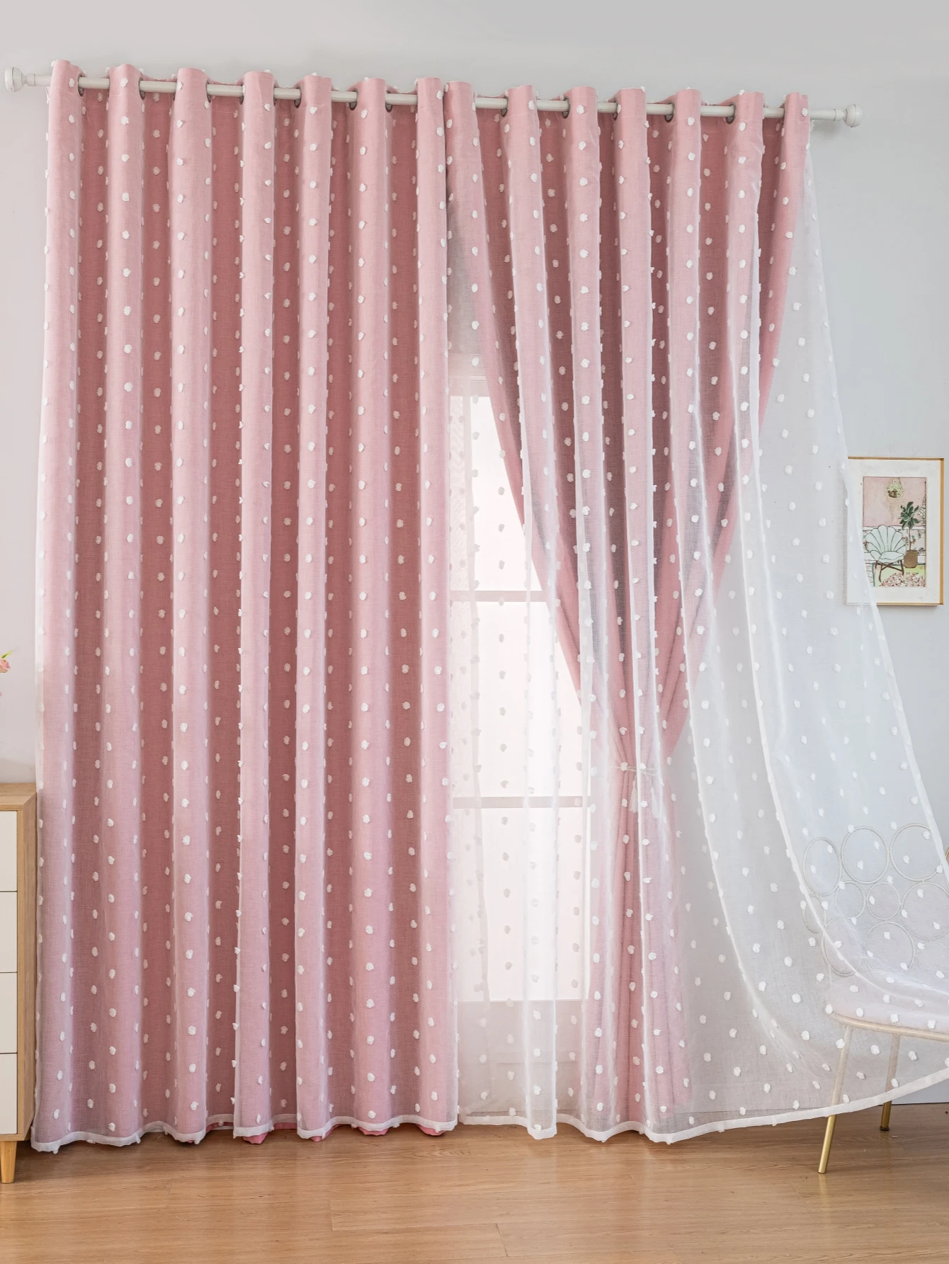 pink Double layered blackout curtains with perforated white dot gauze decor for  living rooms bedrooms office festive decor