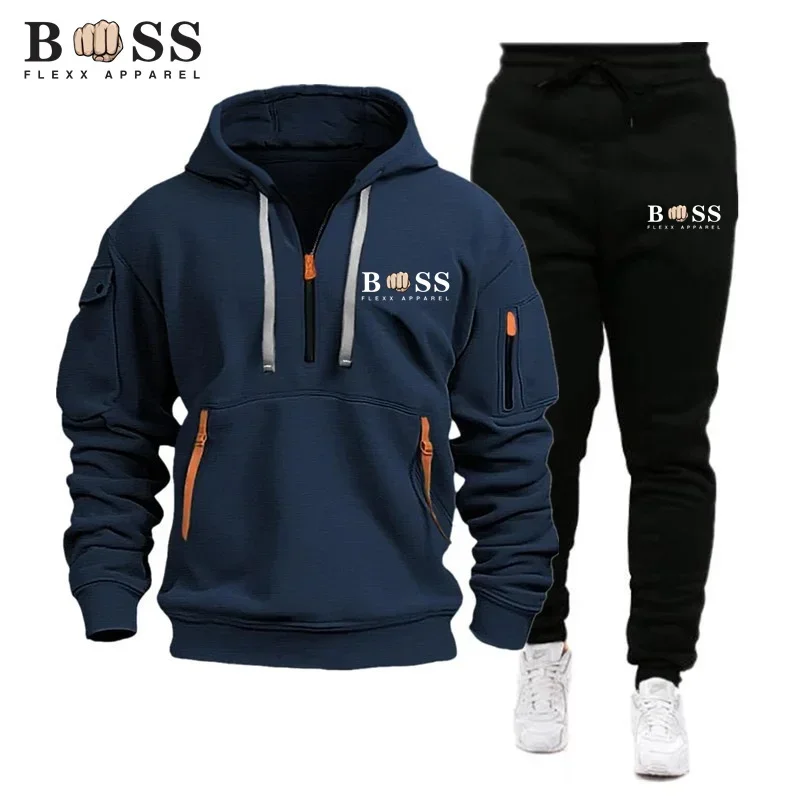 New Men\'s zipper jacket, hooded sweater, sports pants, casual running sportswear, 2-piece Men\'s streetwear set2024