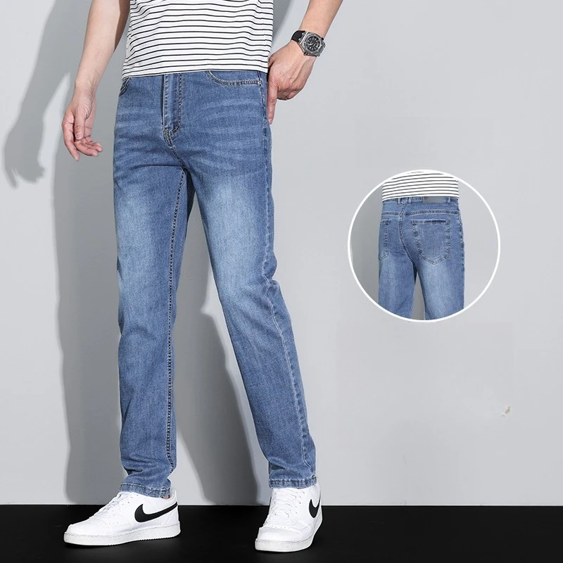 Celana Kargo Denim Sutra Es Pria Jeans Kasual Bisnis Tipis Baru Musim Panas Luar Ruangan Y2K Cocok untuk Semua Jeans Elastis Lurus Slim Fit Pria