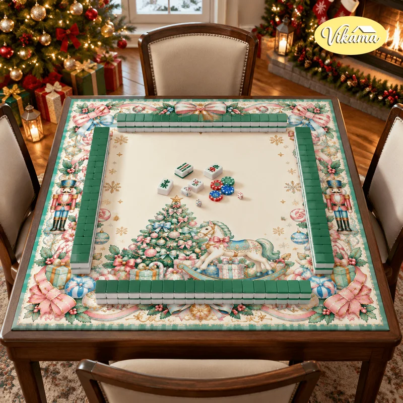 Christmas Nutcracker Rocking Horse Mahjong Mat Non Slip Foldable Table Cover Dining Room Family Game Night Holiday Decor