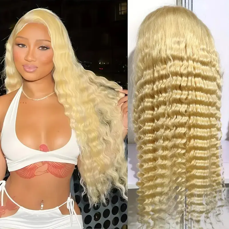 13x4 Lace Forehead Human Hair Wig 180 Density Blonde 28 Inch 613 Blonde  Deep Wave Glueless Curly Hair  Women Human Hair Wigs