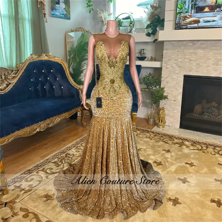 

Elegant Gold Diamonds Long Prom Dress 2026 Luxury Beads Crystals Sequins Mermaid Birthday Wedding Party Gown Customized