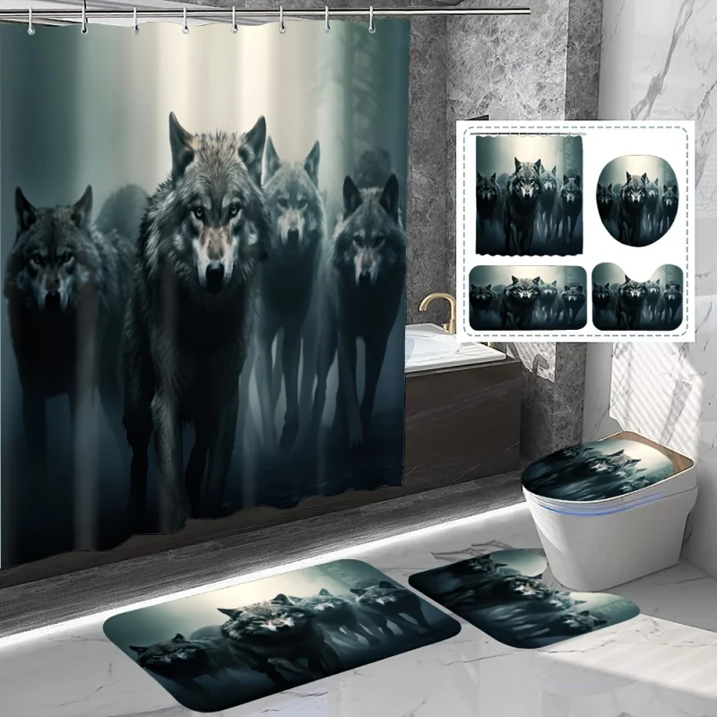 1/4pcs Wolf Pattern Set, Shower Curtain With 12 Hooks, Non-Slip Bath , U-Shaped , Toilet Mat, Bathro