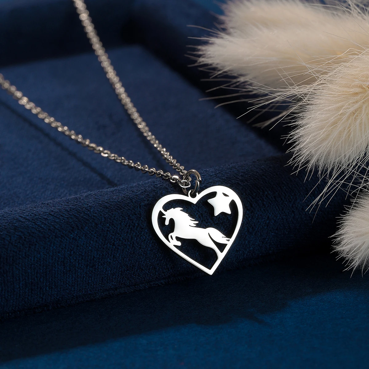 Kinitial Running Horse Pendant Necklaces Women Men Stainless Steel Couple Love Heart Horse Animal Neck Chain Horse Lover Jewelry