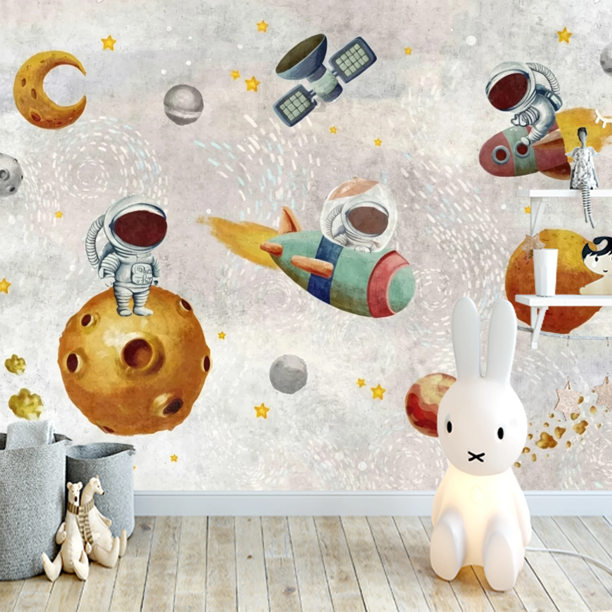 Custom 3D Mural Wallpaper Kids Space Peel And Stick Wall Mural Astronaut Rocket Planet Star Moon For Nursery Bedroom Home Decor